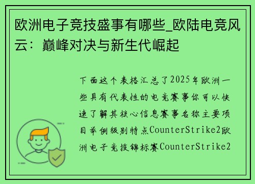 欧洲电子竞技盛事有哪些_欧陆电竞风云：巅峰对决与新生代崛起